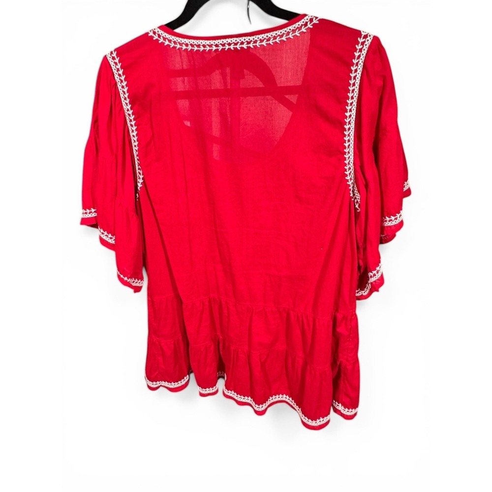 Style & Co Red Embroidered Peasant Blouse Women Large Boho Cotton Top - Picture 2 of 6